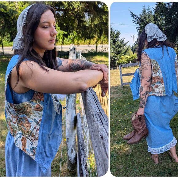 Vintage Chambray Old West Tapestry Vest w/Tassel Yoke - Picture 2 of 6
